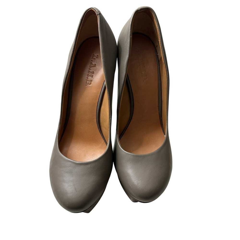 L.A.M.B. Gwen Stefani Taupe Grey Leather Platform Pumps Stiletto Heels Size 10M‎